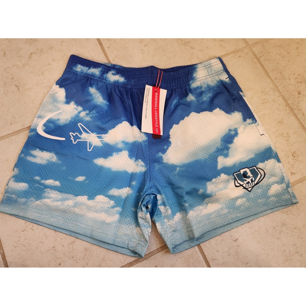 Baseball Lifestyle 101 Cloud Print Mesh Shorts Blue White Mens Small NWT